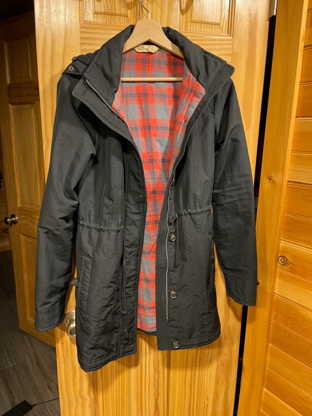 Hollister Black Hooded Raincoat with Red Plaid Lining